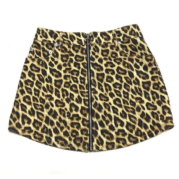 Forever 21 Leopard Print Denim Zip Up Mini Skirt Size Small - Picture 2 of 12
